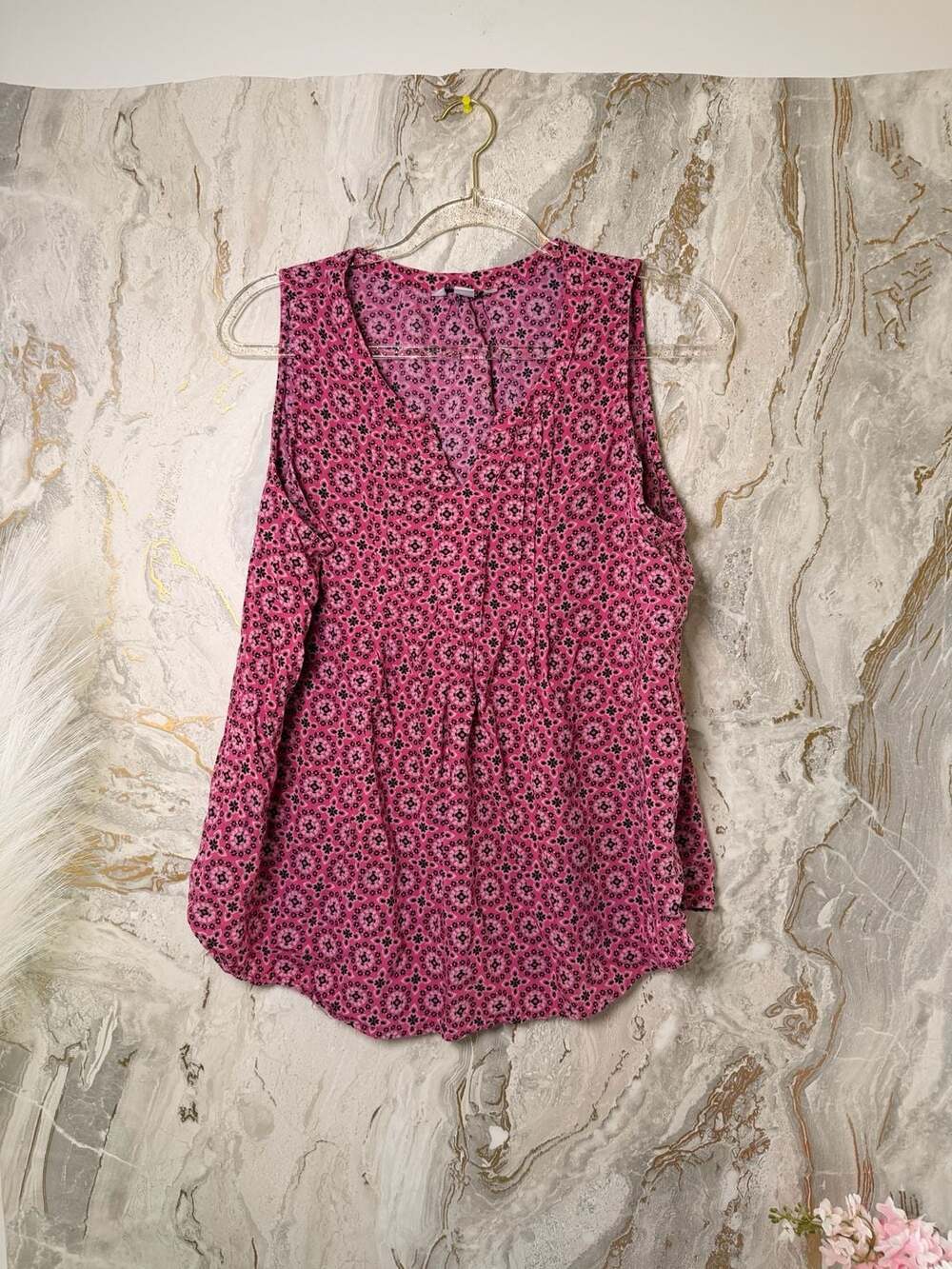Croft & Barrow Pink Floral Split Neck Sleeveless Blouse Top XL